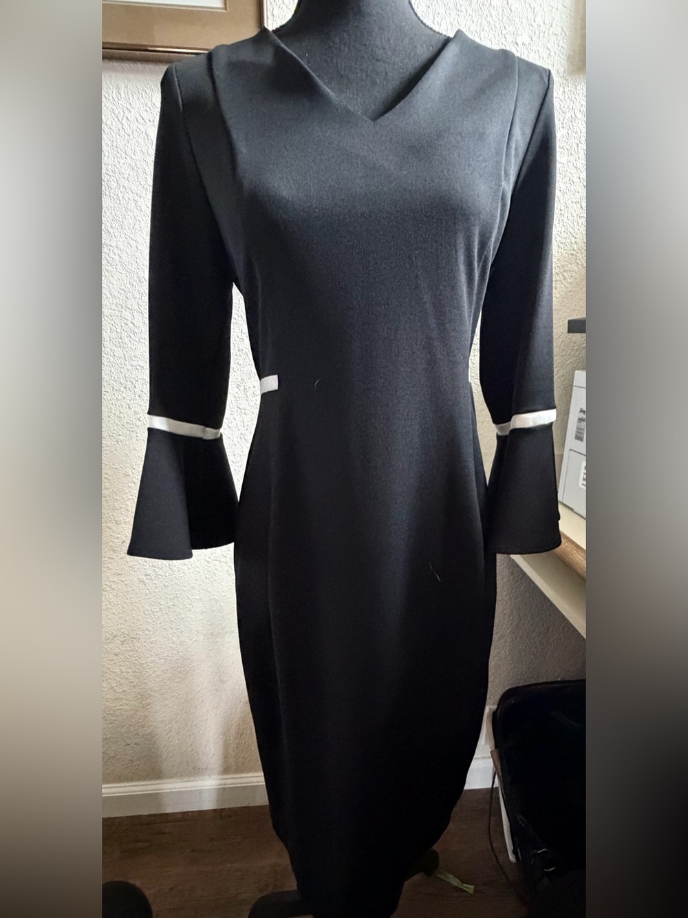 Shelby & Palmer Black Long-Sleeve Sheath Dress with White Trim - business